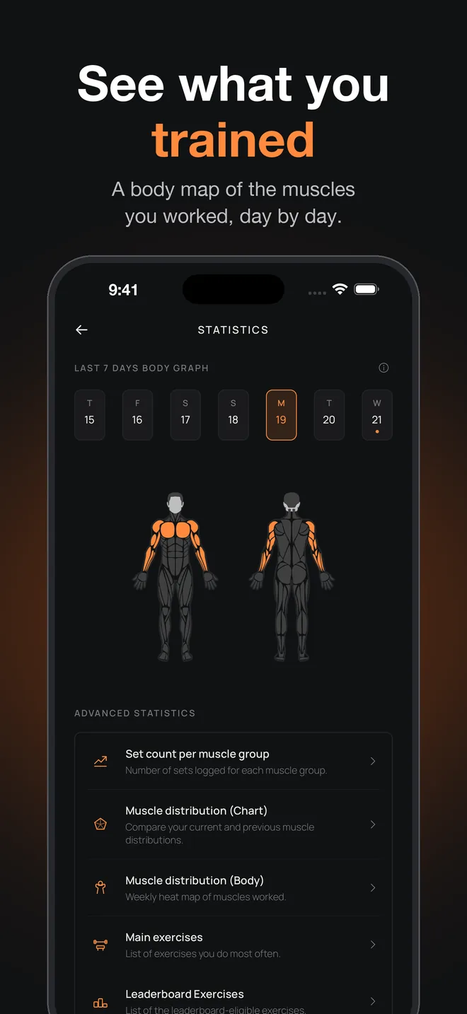 Statistics body map showing the muscles trained that day