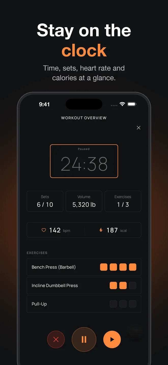 Count with Berc workout overview with timer, sets and volume